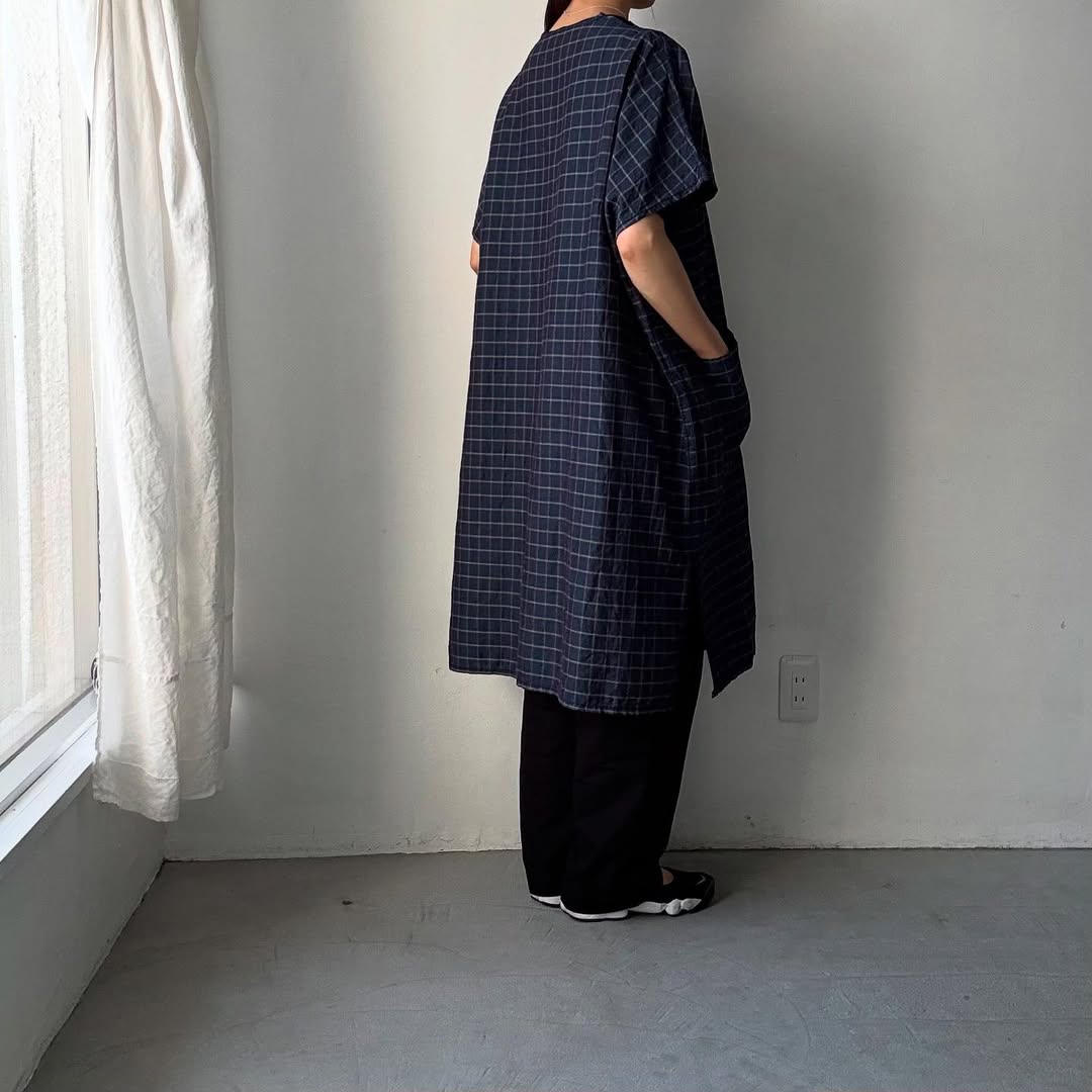 homspun コットンリネンチェックワンピース ネイビーチェック