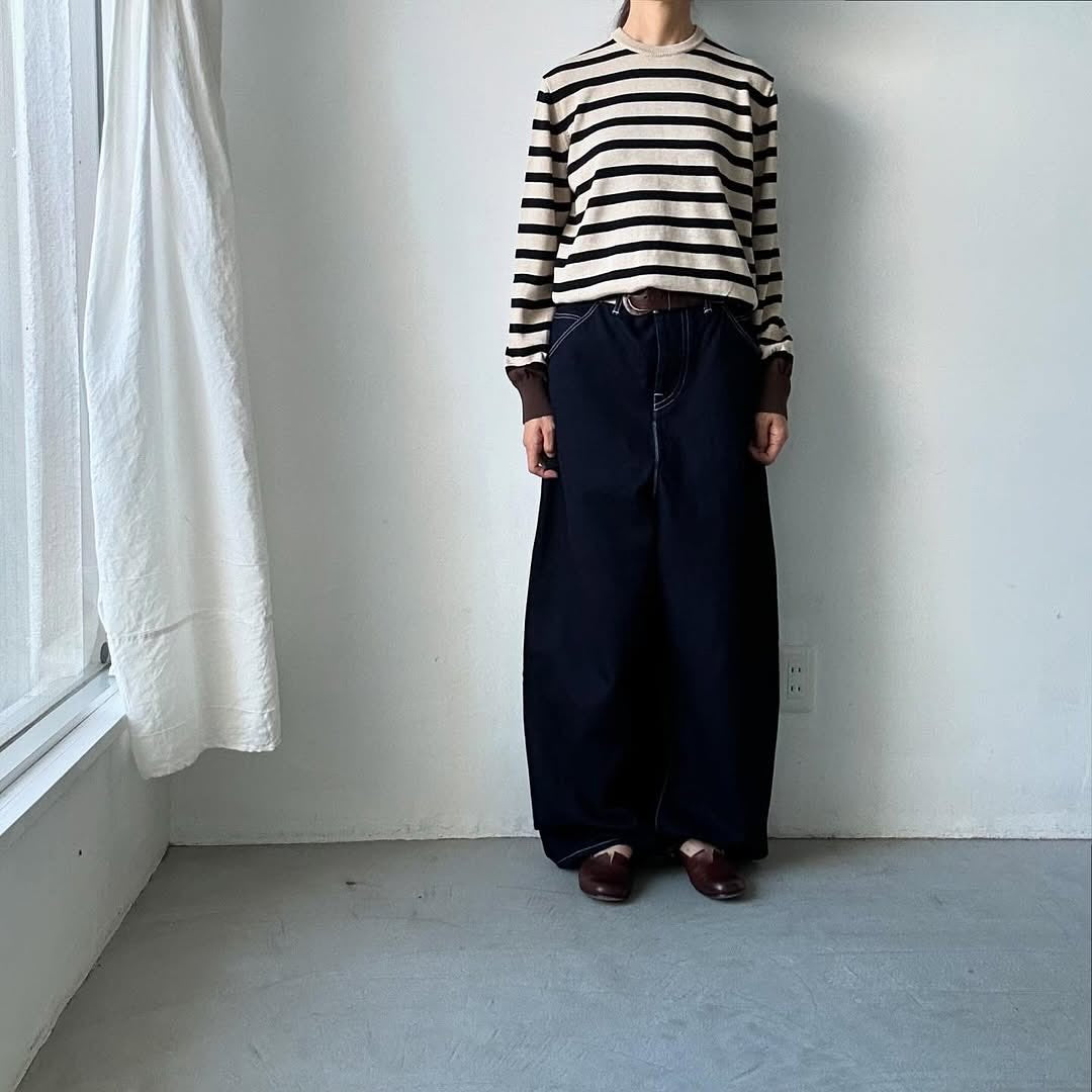 atelier naruse ウールコットンボーダーニット ベージュ×ブラウン