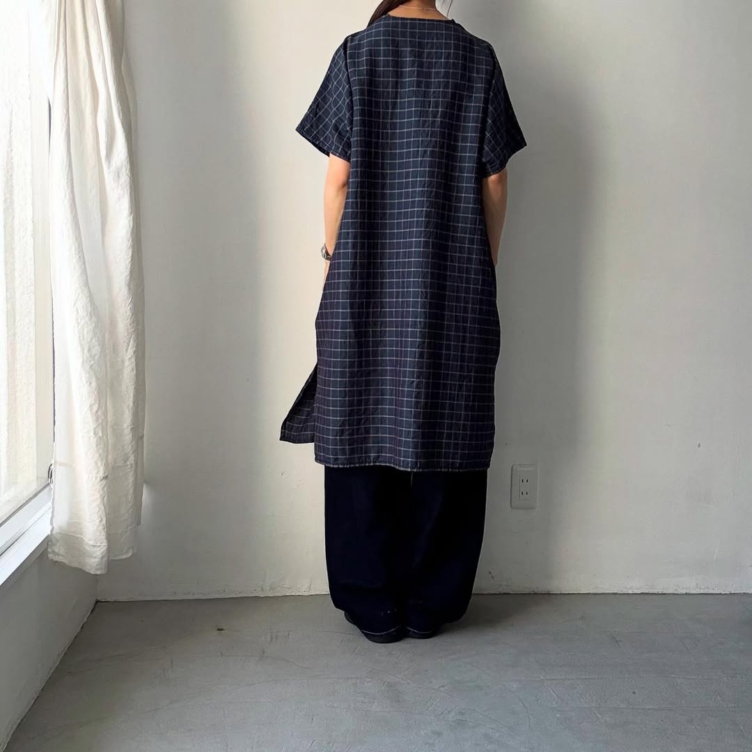 homspun コットンリネンチェックワンピース ネイビーチェック