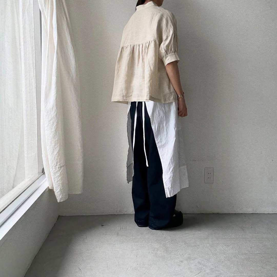 Linenya リネン半袖スタンドカラーブラウス アイボリー