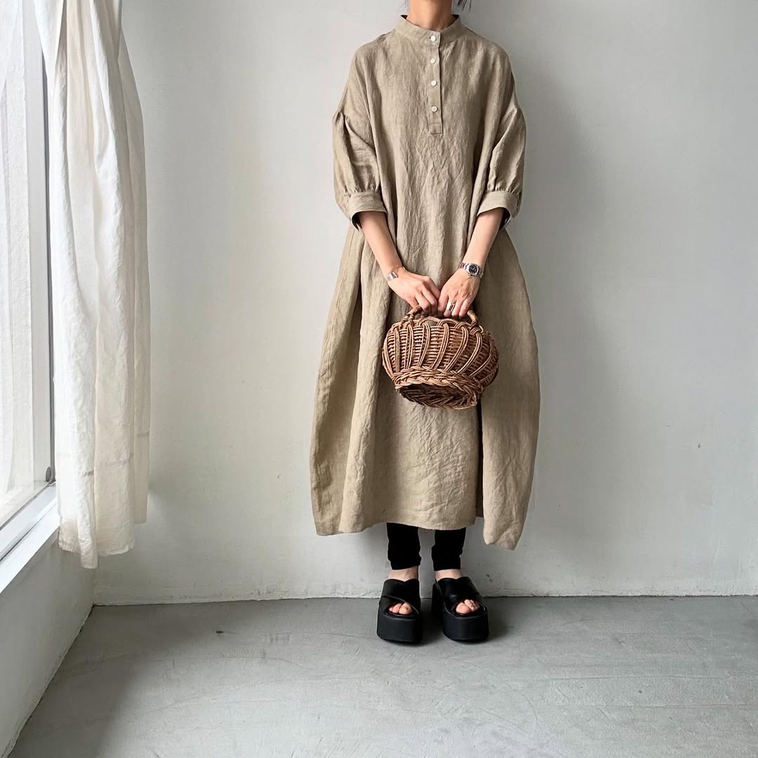 Linenya リネンスタンドカラーワンピース ベージュ