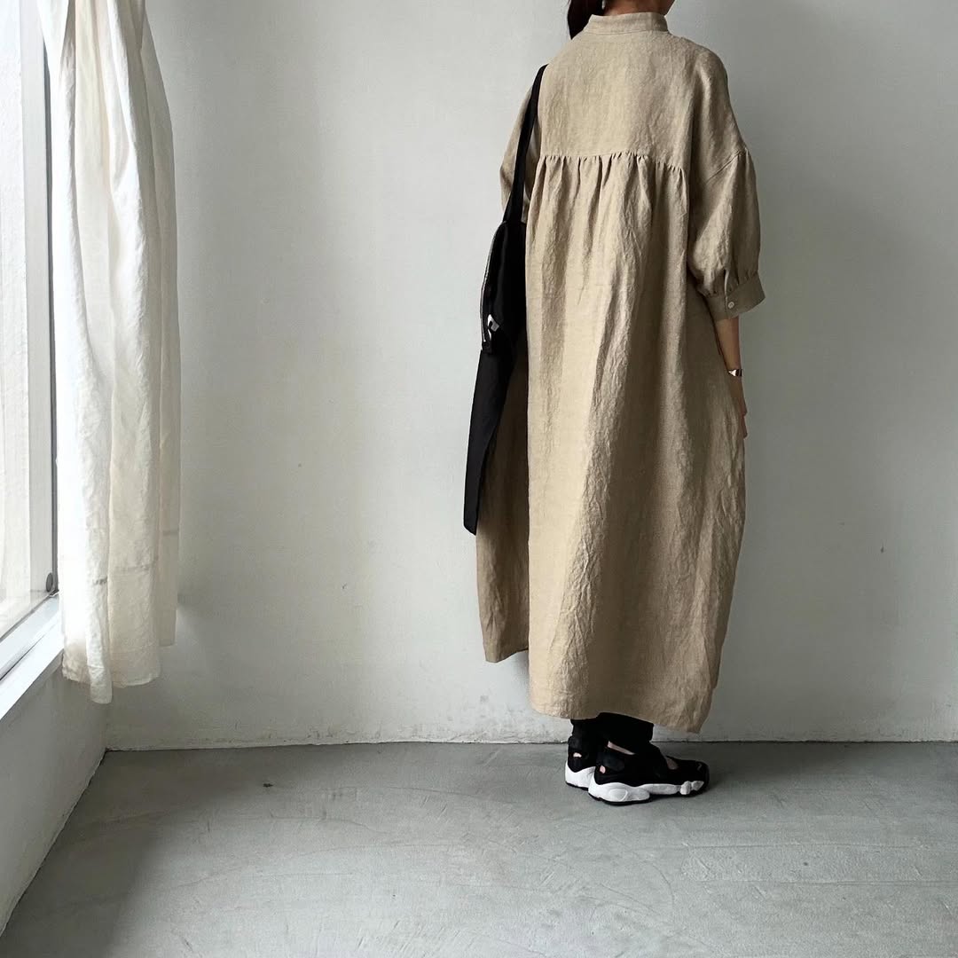 Linenya リネンスタンドカラーワンピース ベージュ