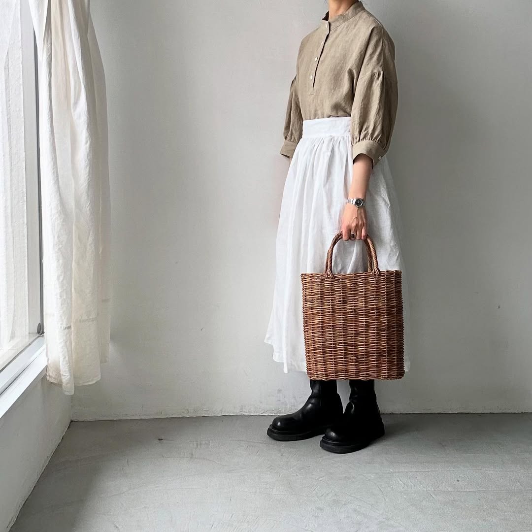 Linenya リネンスタンドカラーワンピース ベージュ