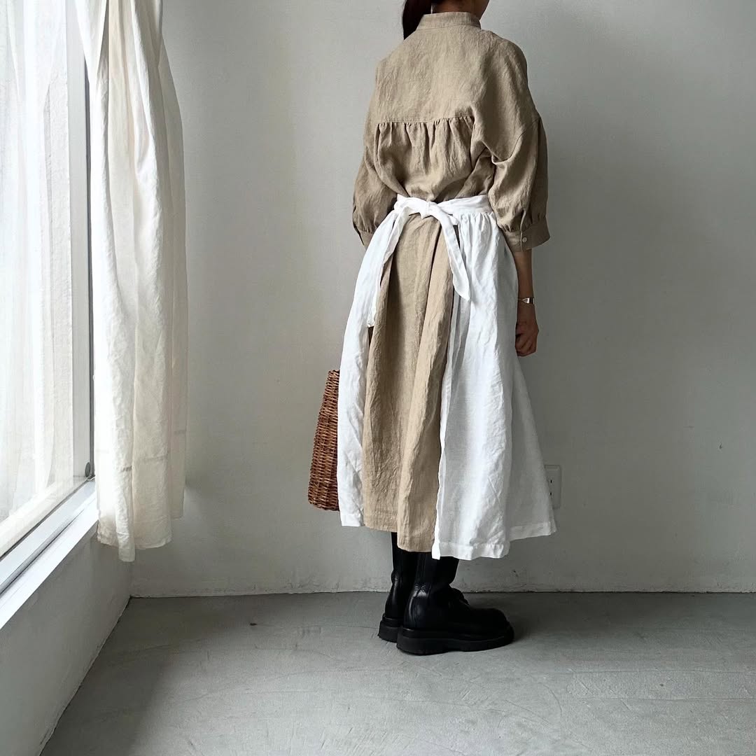 Linenya リネンスタンドカラーワンピース ベージュ