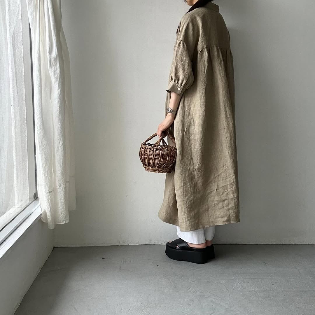 Linenya リネンスタンドカラーワンピース ベージュ