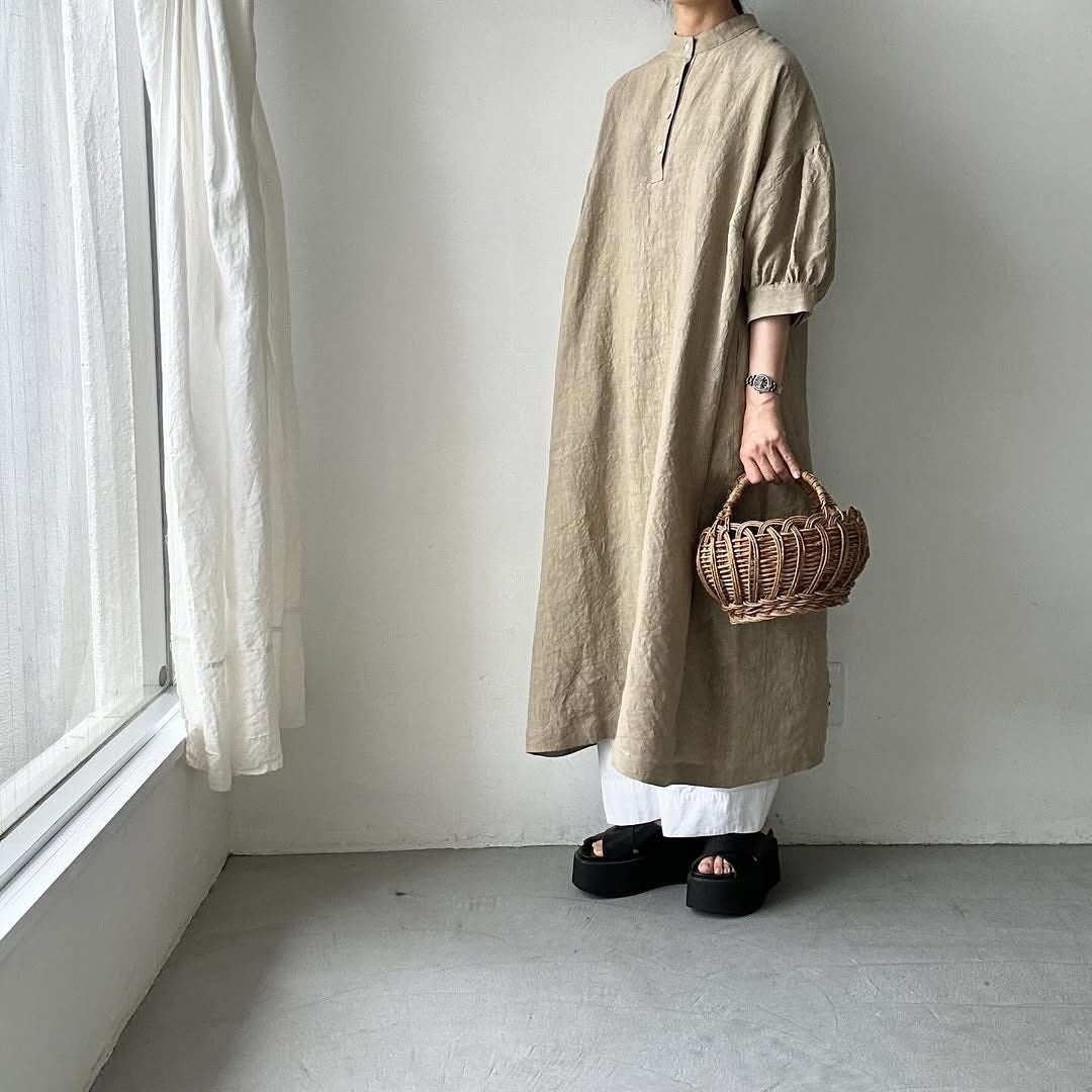 Linenya リネンスタンドカラーワンピース ベージュ