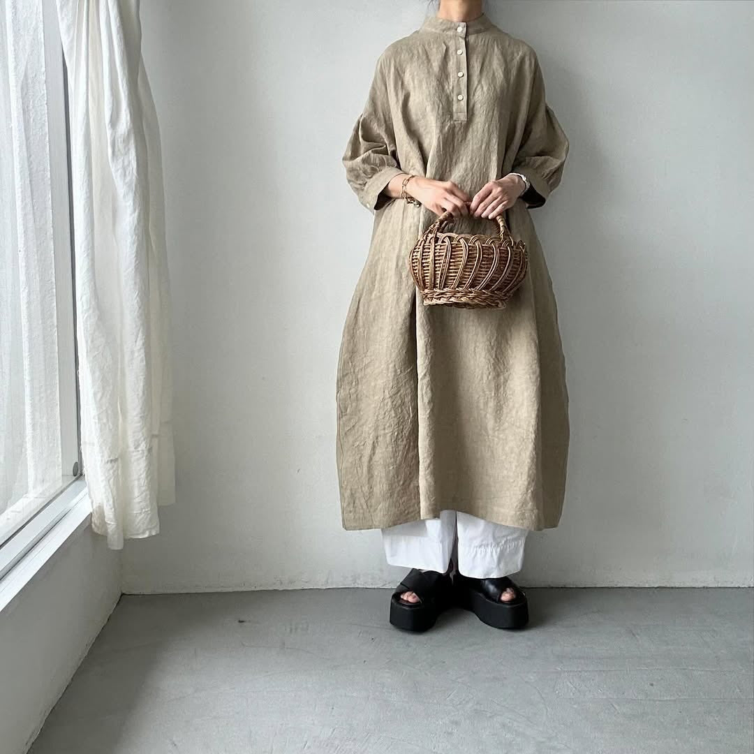 Linenya リネンスタンドカラーワンピース ベージュ