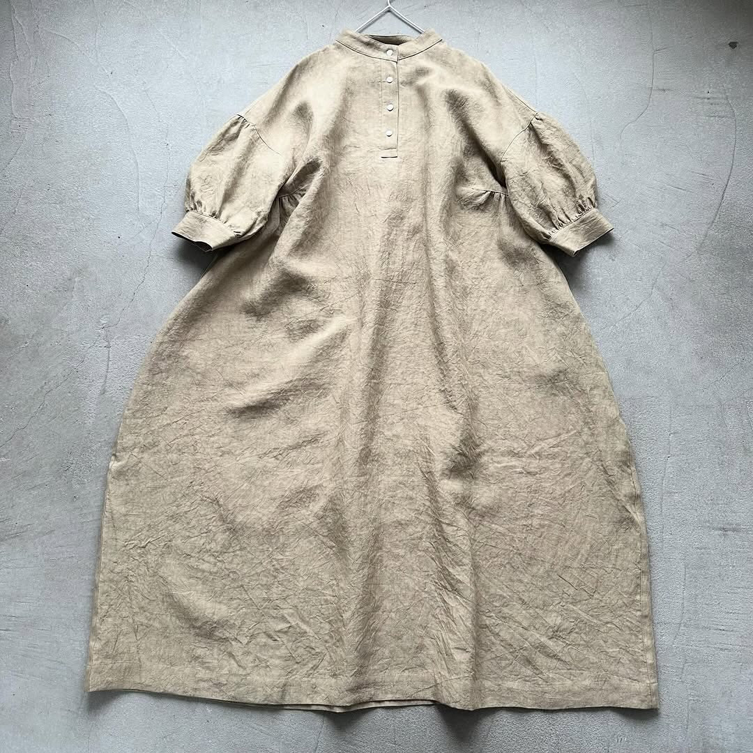 Linenya リネンスタンドカラーワンピース ベージュ