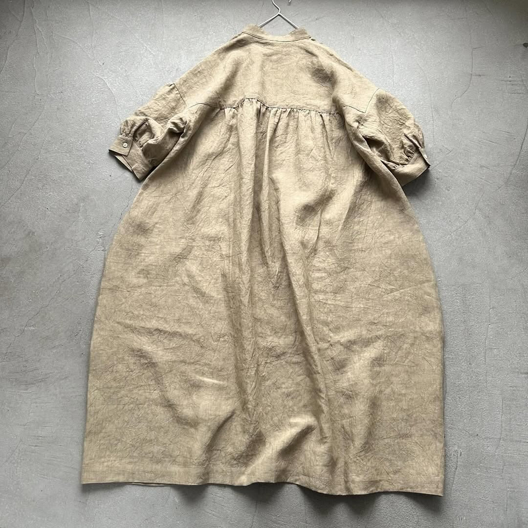 Linenya リネンスタンドカラーワンピース ベージュ