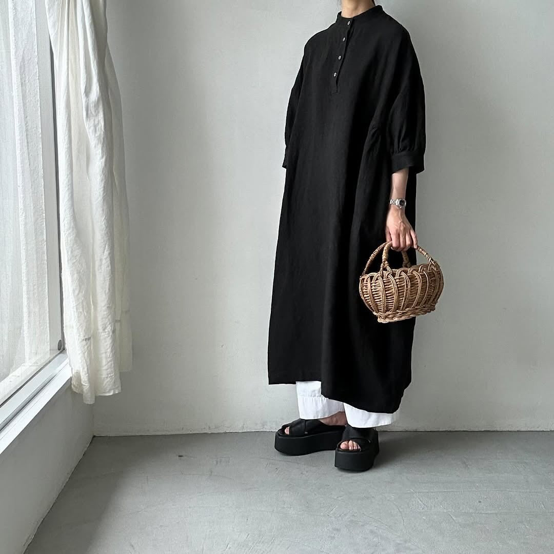 Linenya リネンスタンドカラーワンピース ブラック