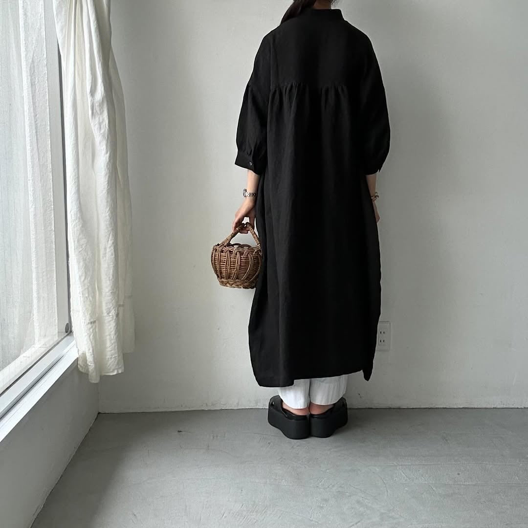Linenya リネンスタンドカラーワンピース ブラック