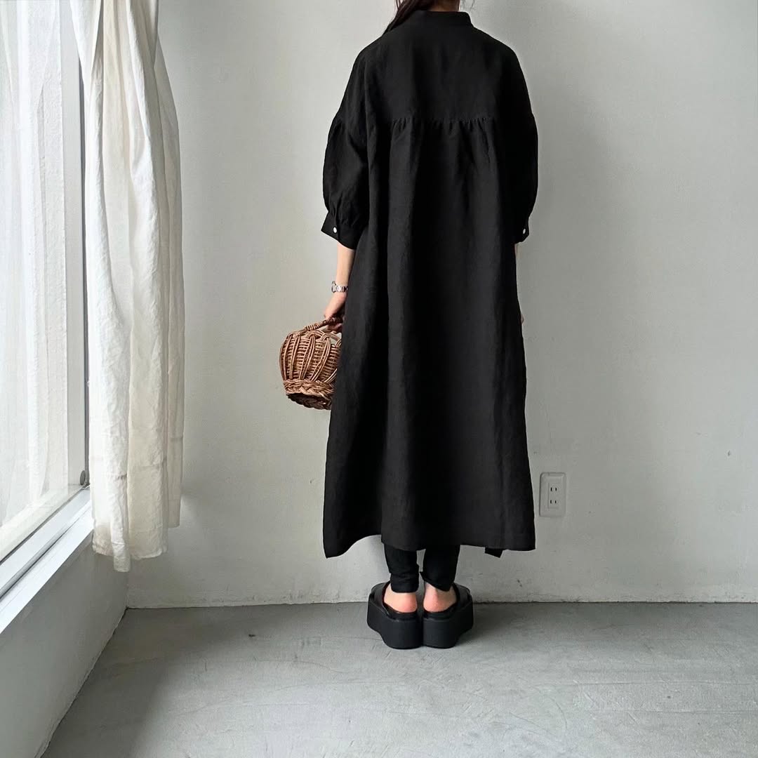 Linenya リネンスタンドカラーワンピース ブラック