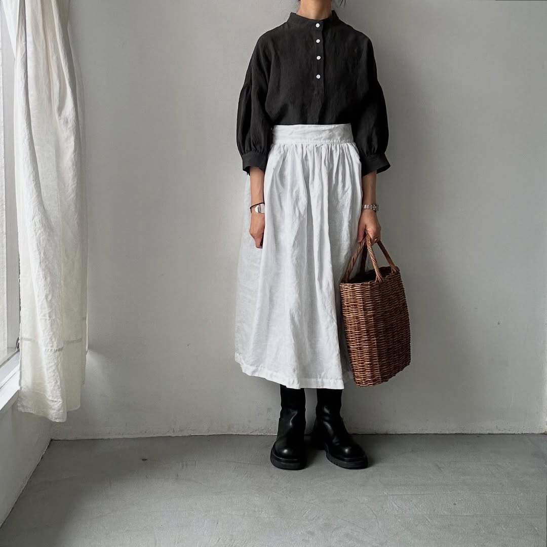 Linenya リネンスタンドカラーワンピース チャコール
