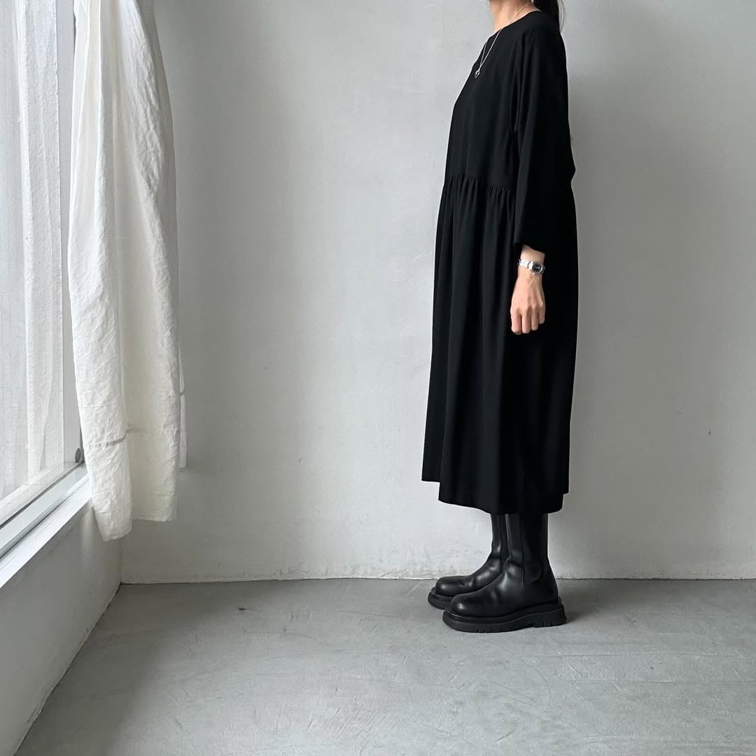 Linenya ウールウエストギャザーワンピースM