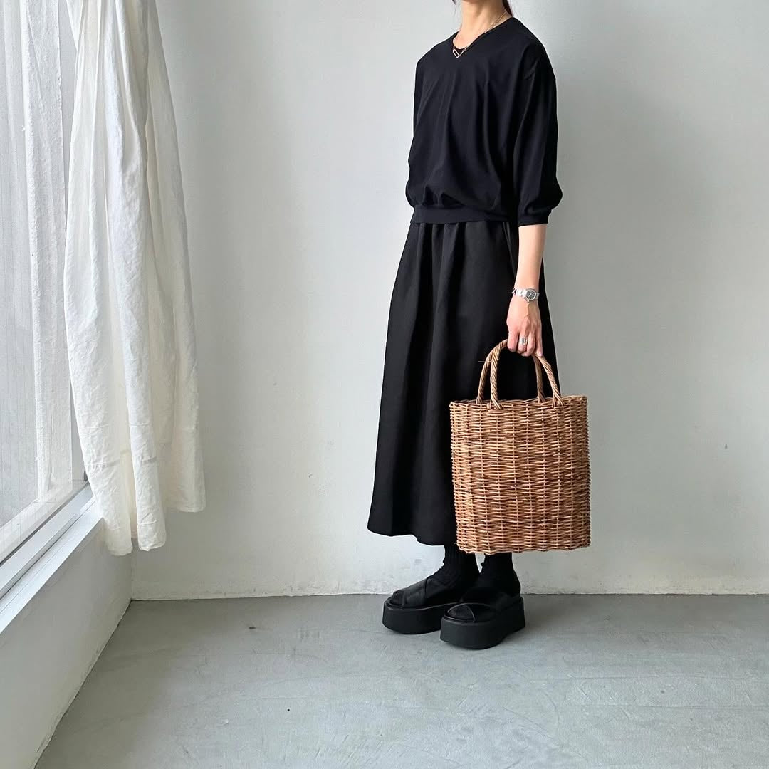 homspun 天竺6分袖Vネックプルオーバー ブラック