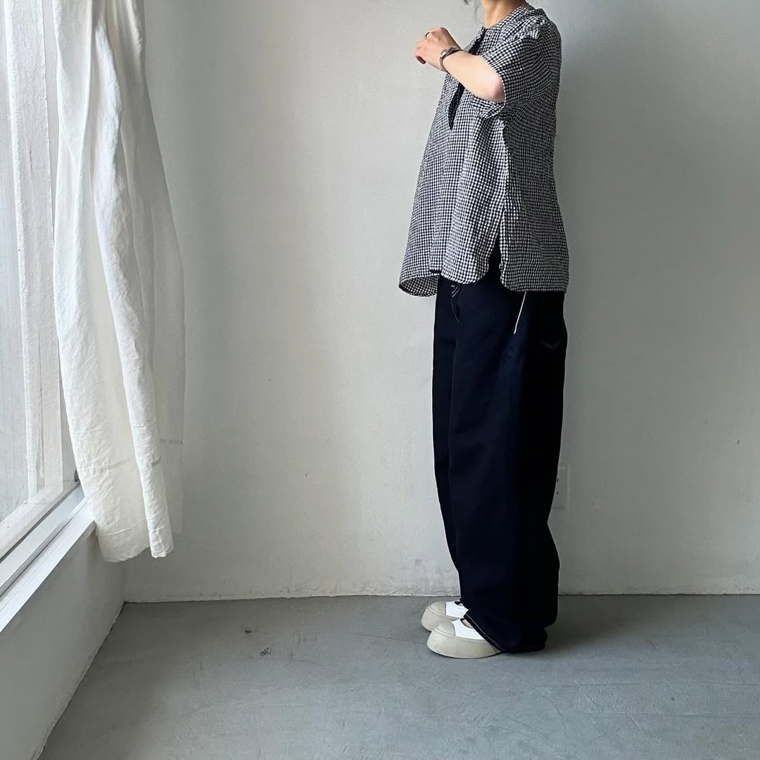 jujudhau ギンガムリネンヘンリーネックプルオーバー