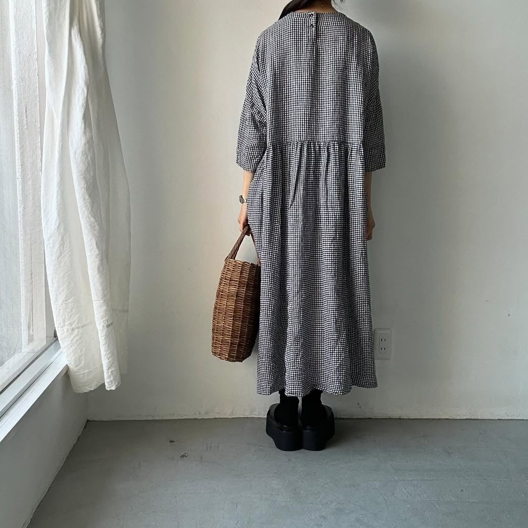 jujudhau ギンガムリネンギャザードレス