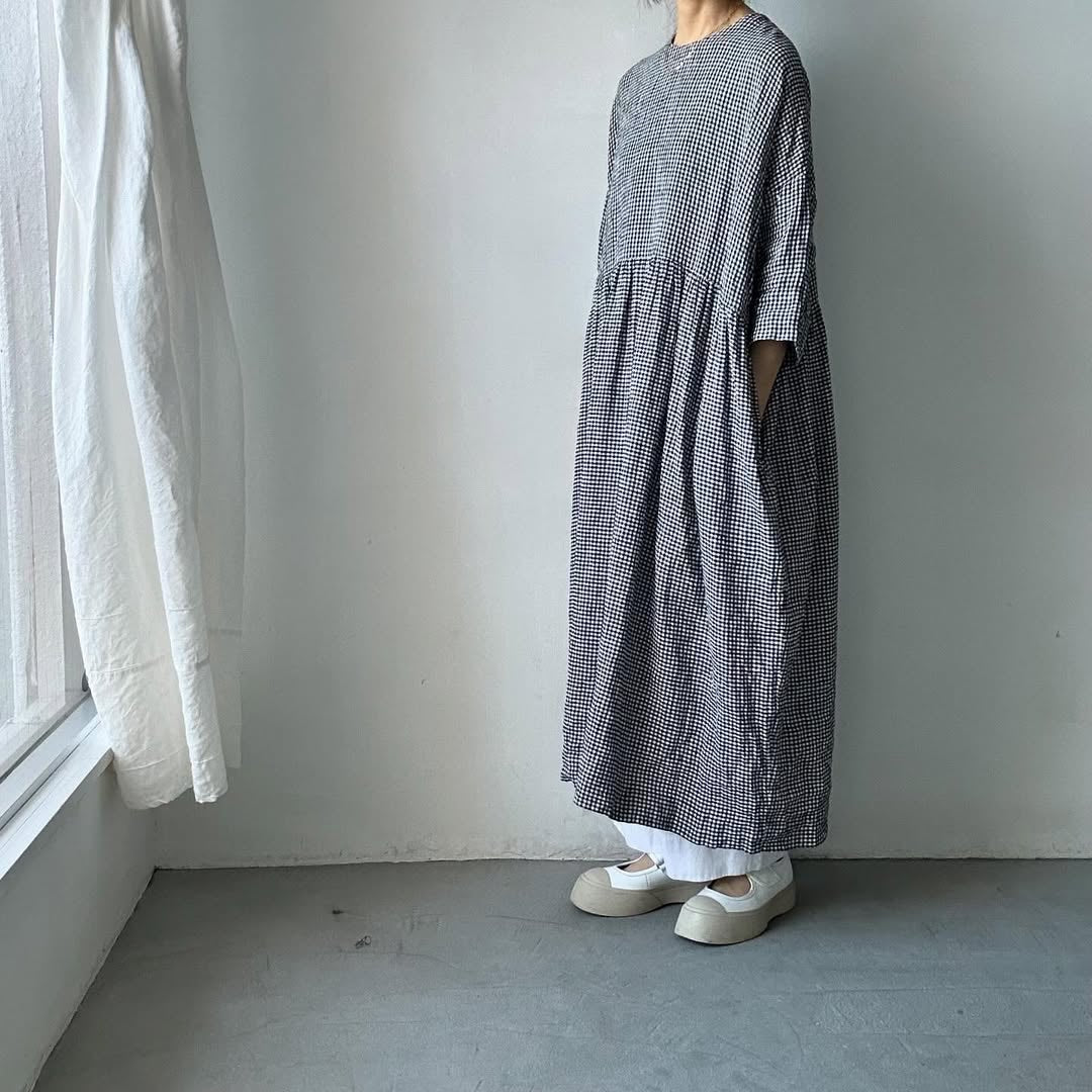 jujudhau ギンガムリネンギャザードレス