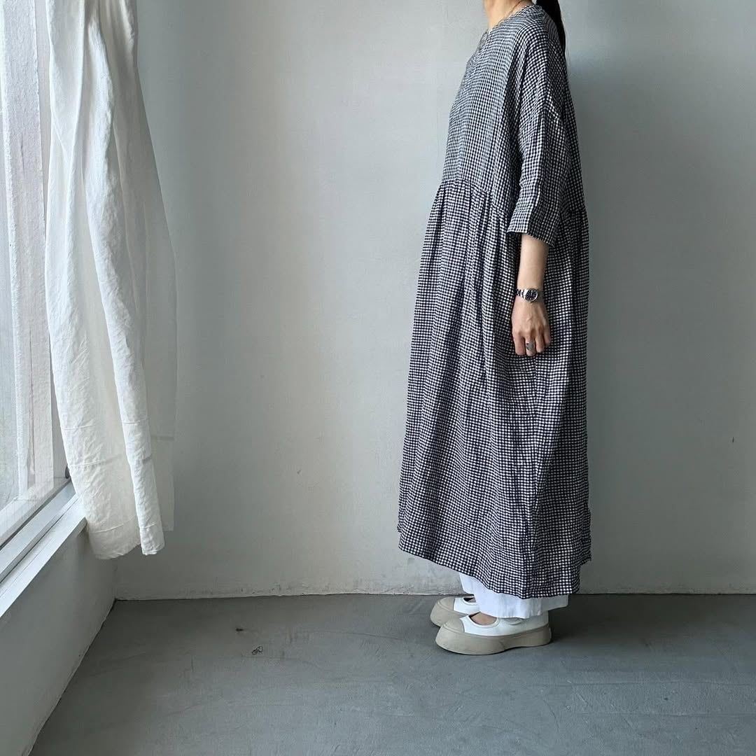jujudhau ギンガムリネンギャザードレス