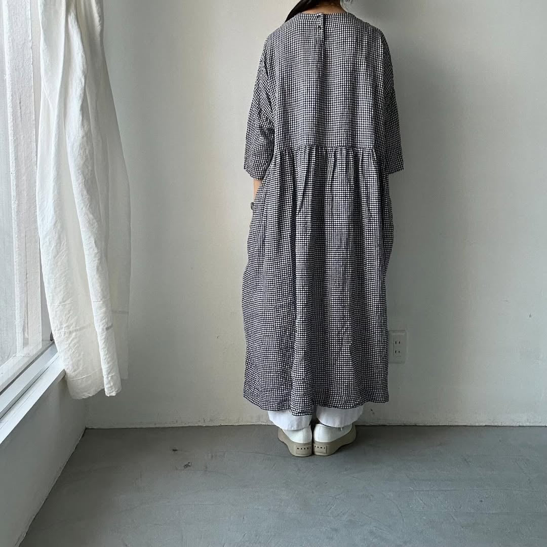 jujudhau ギンガムリネンギャザードレス