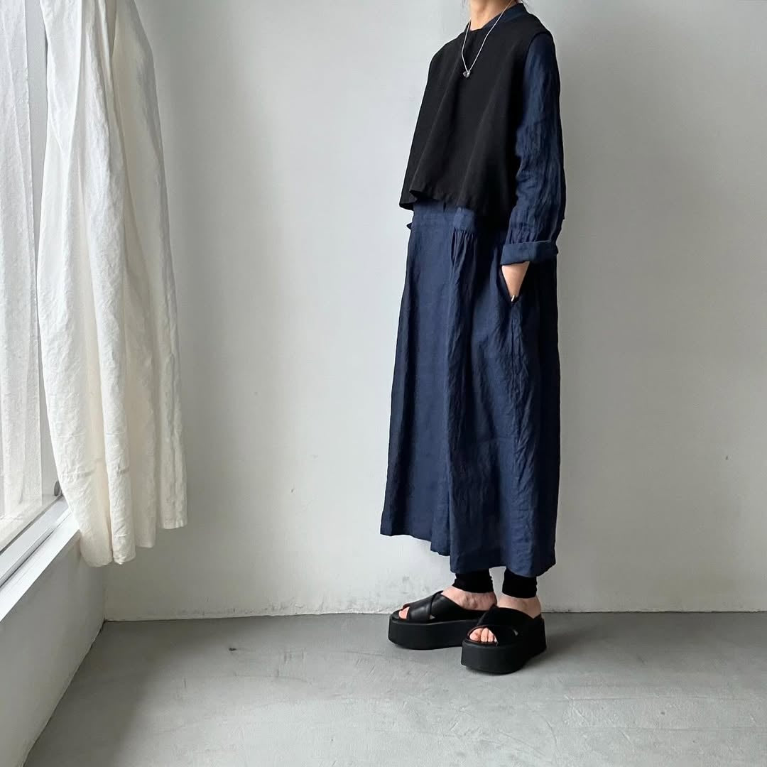 atelier naruse リネンシャツワンピース ネイビー
