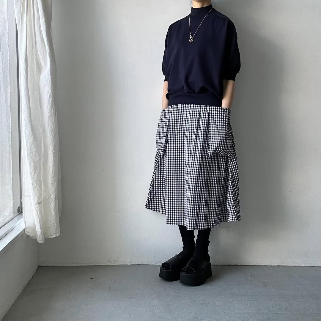 as it is モックネックコットン5分袖ニット ネイビー