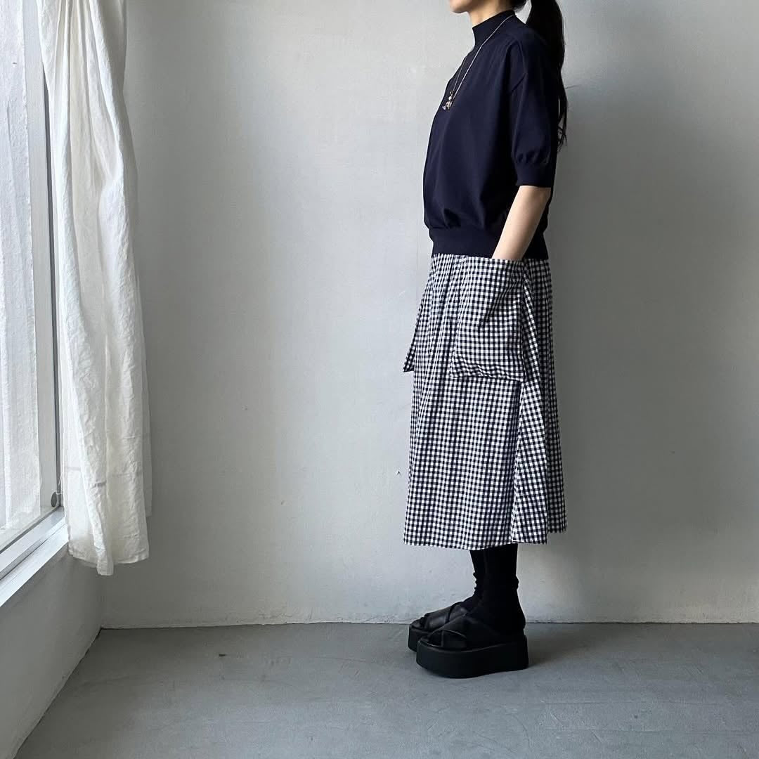 as it is モックネックコットン5分袖ニット ネイビー