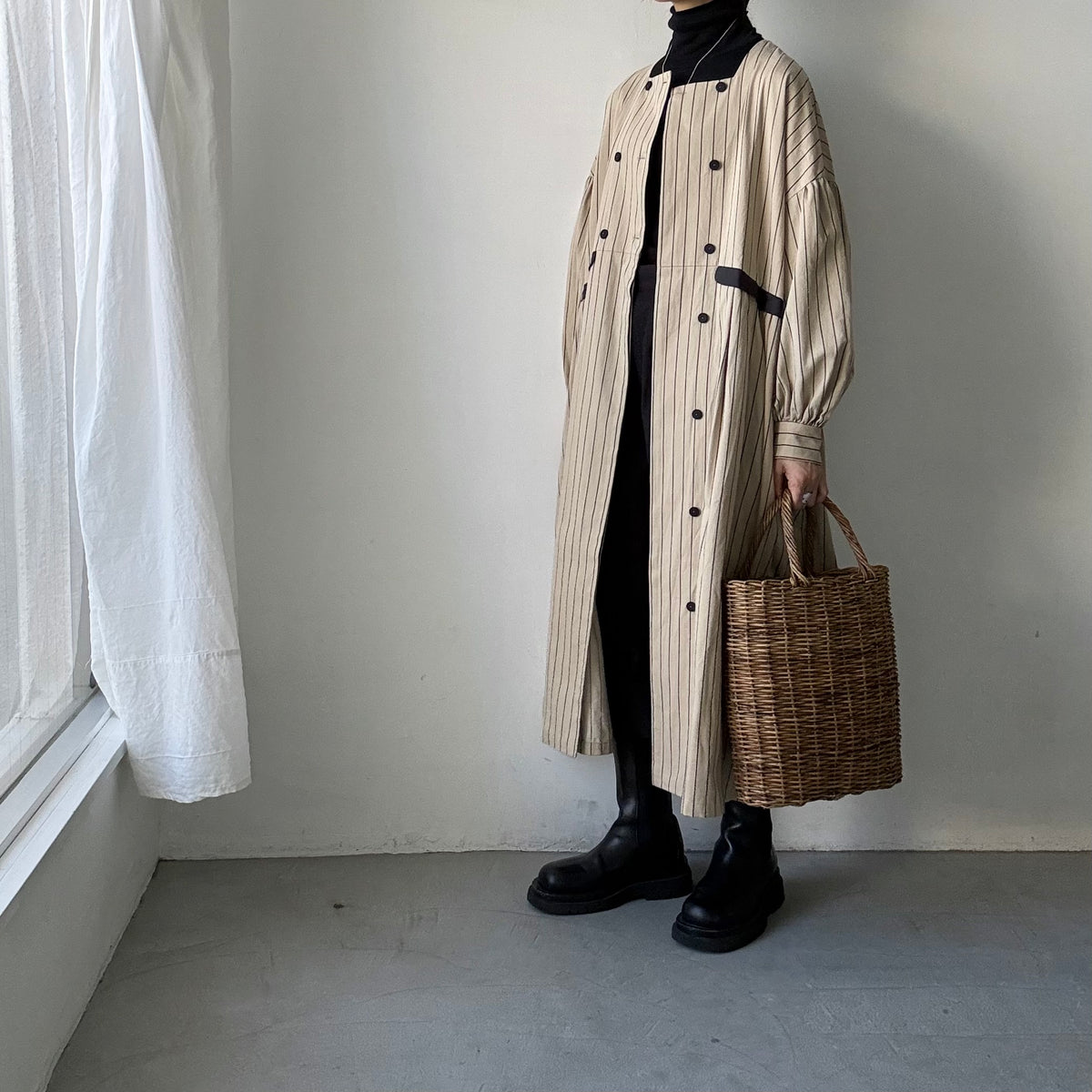 MAGALI コットンシルクストライプダブルボタンワンピース