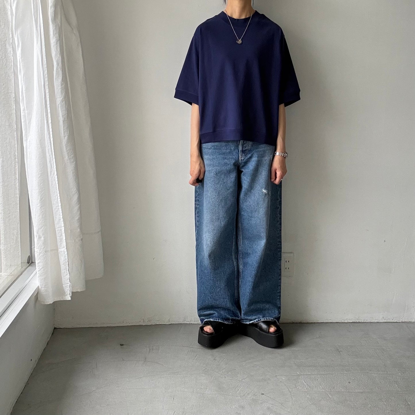atelier d'antan  Bordet コットンジャージー５分袖プルオーバー　ダークブルー