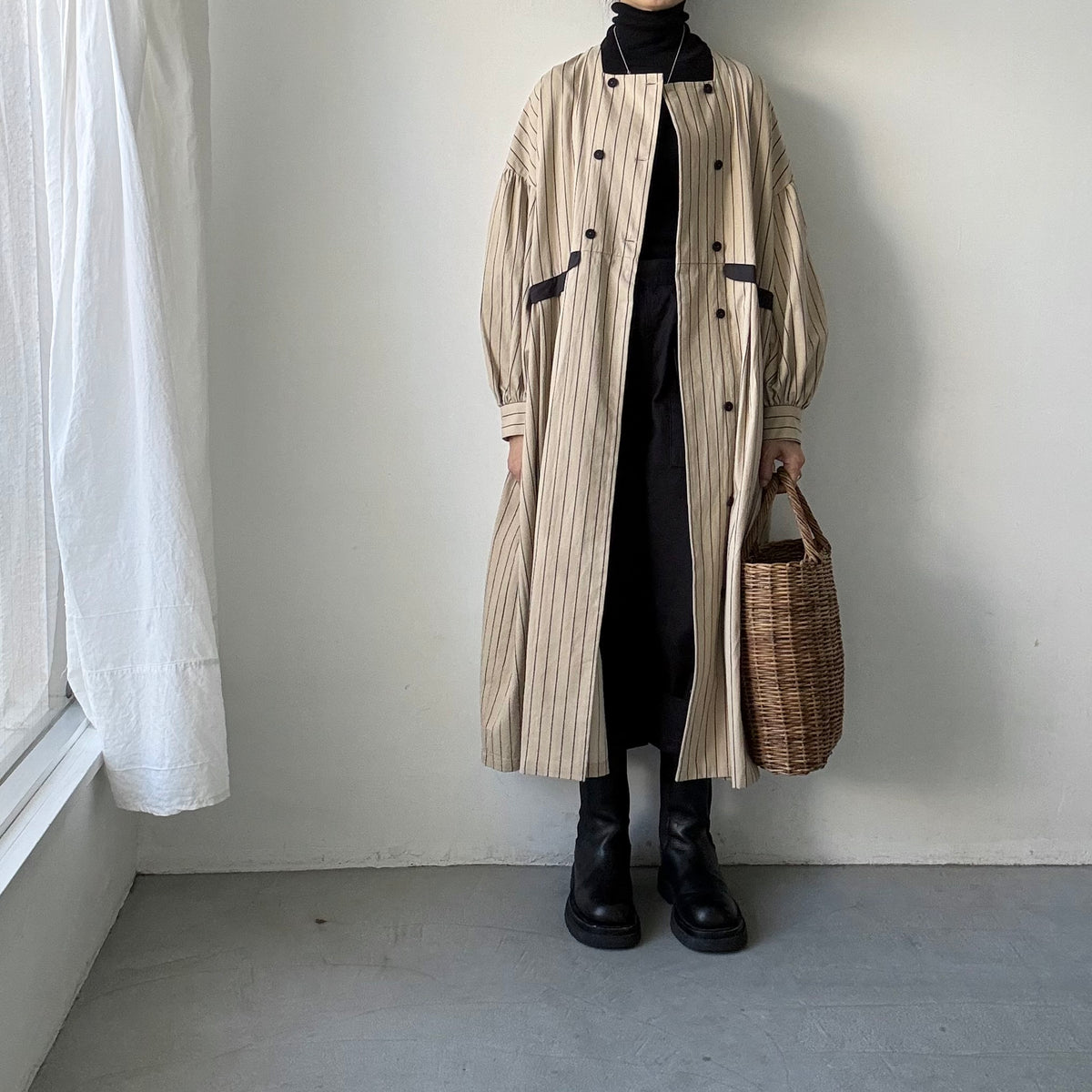 MAGALI コットンシルクストライプダブルボタンワンピース