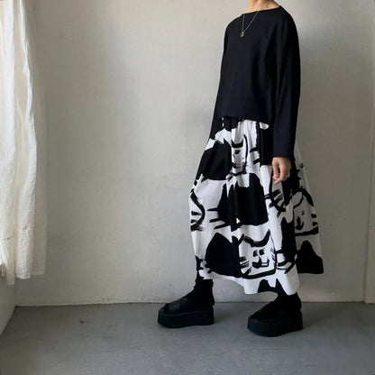 ayanoguchiaya　ネコ柄タックワイドスカート(blanc別注)