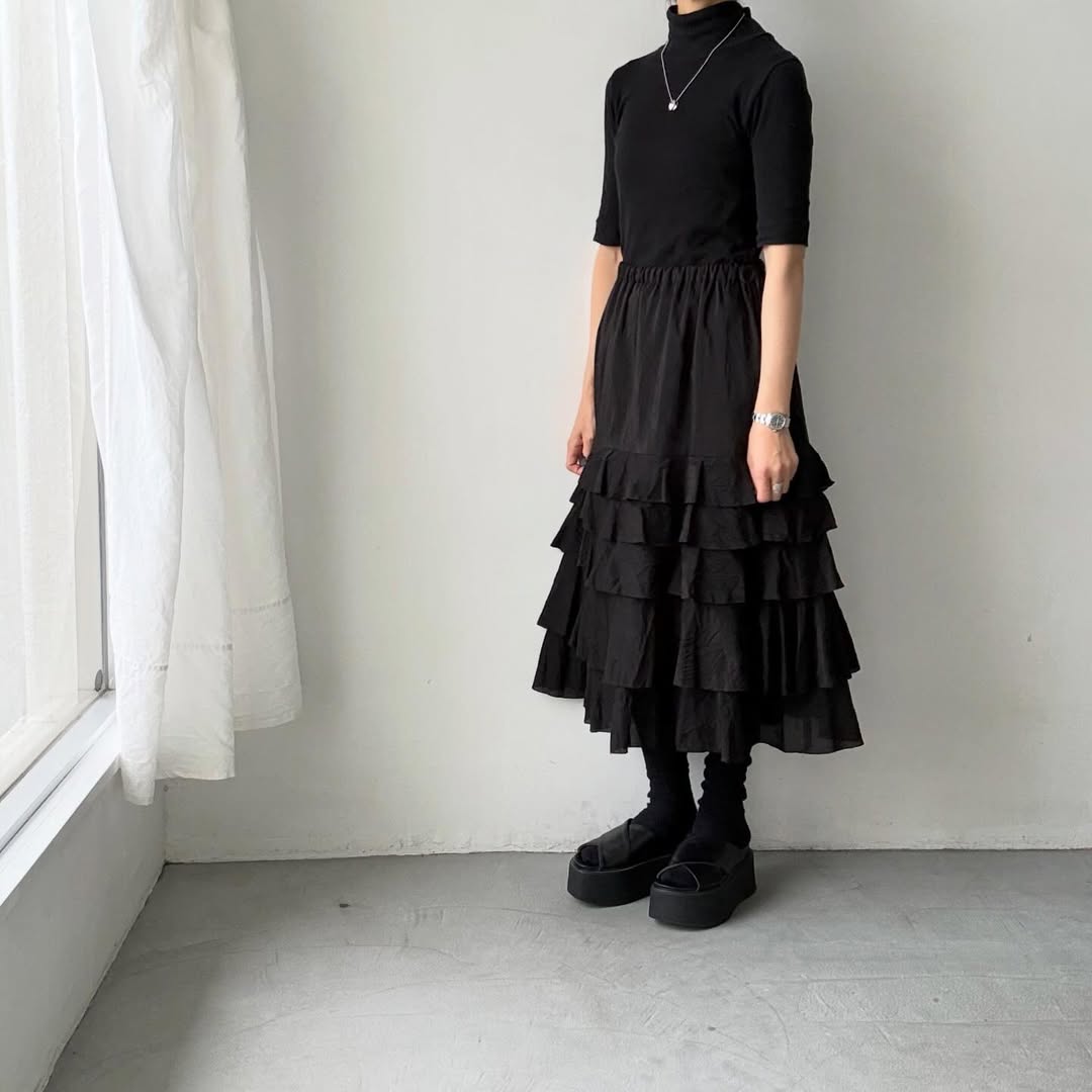 MAGALI コットンシルクブレイドティアードスカート　ブラック