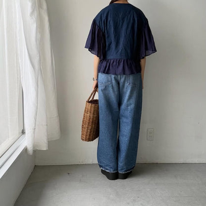 MAGALI インディゴリネンカシュクールブラウス　ネイビー