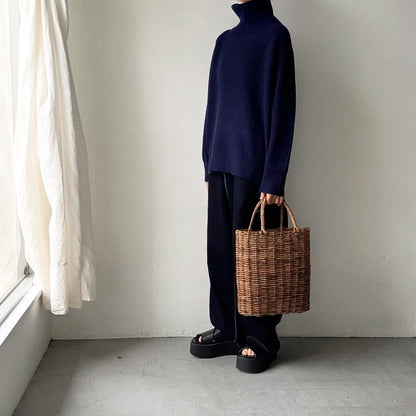 homspun メリノウールワッフル編みプルオーバー　ブルーネイビー