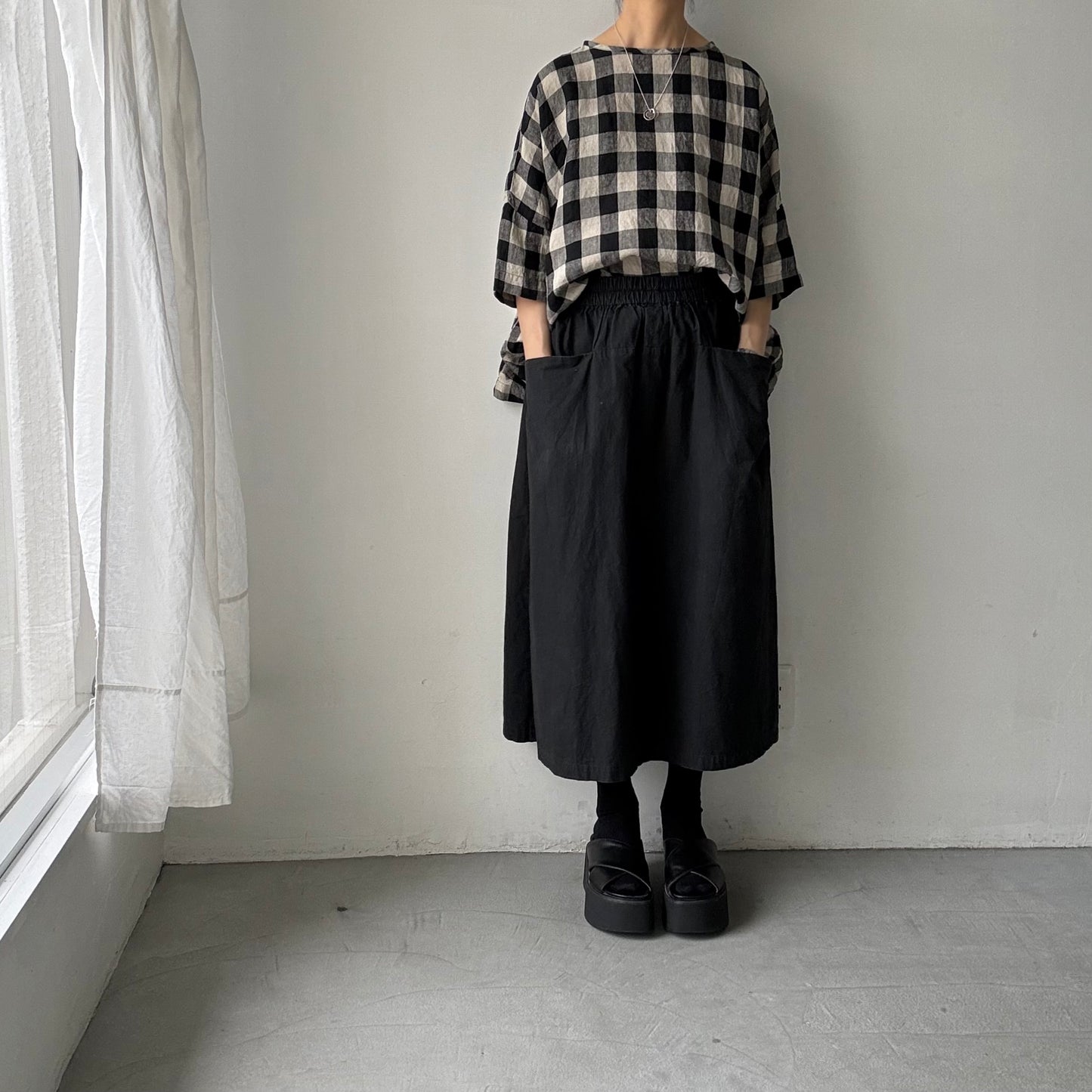 jujudhau ビッグチェックリネンワイドシャツ