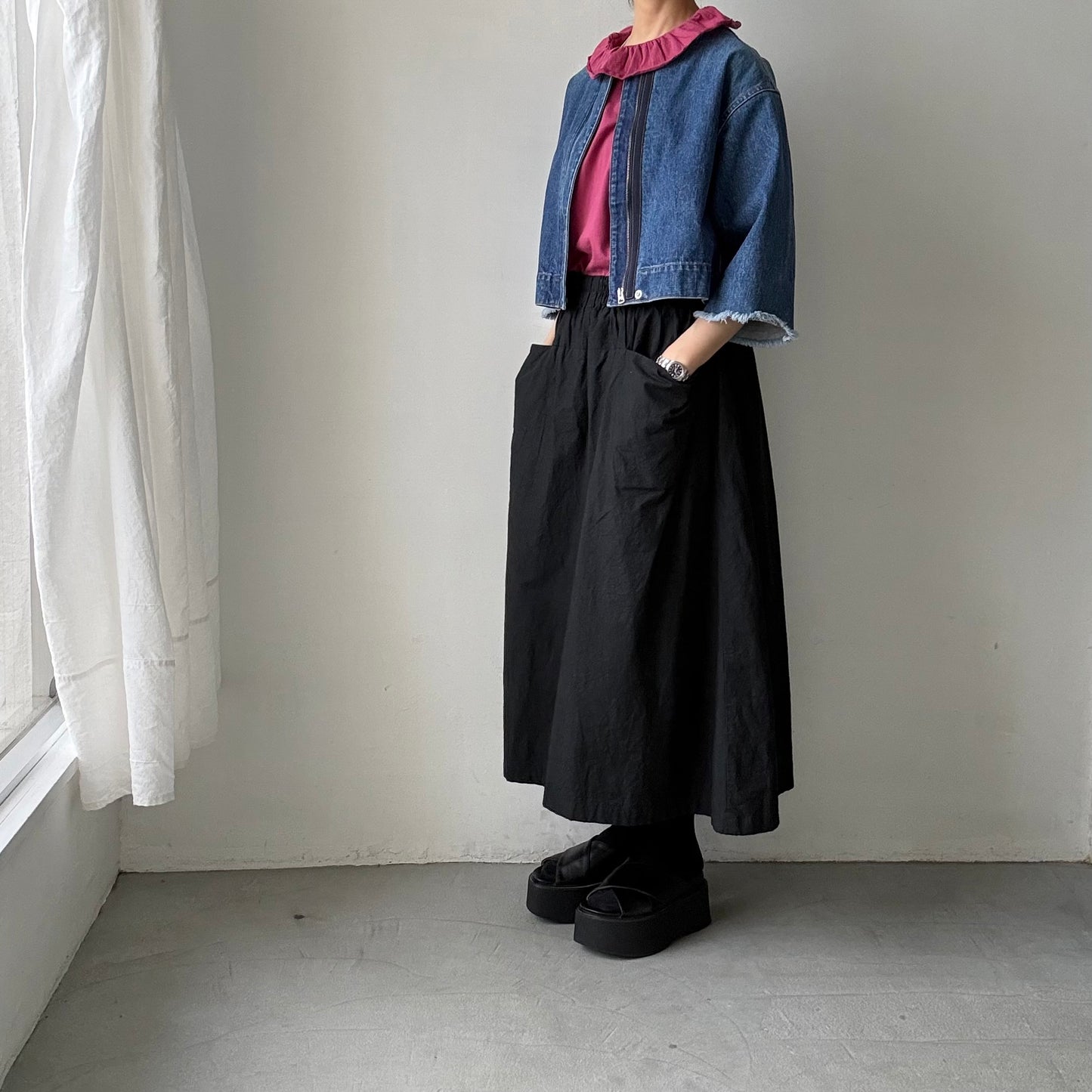 homspun 天竺フリルカラー半袖プルオーバー　ワイン
