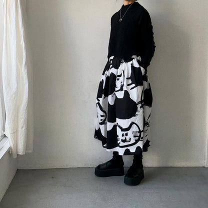 ayanoguchiaya　ネコ柄タックワイドスカート(blanc別注)
