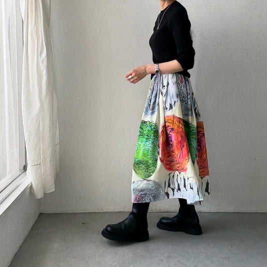 ayanoguchiaya　アートワークプリントタックワイドスカート