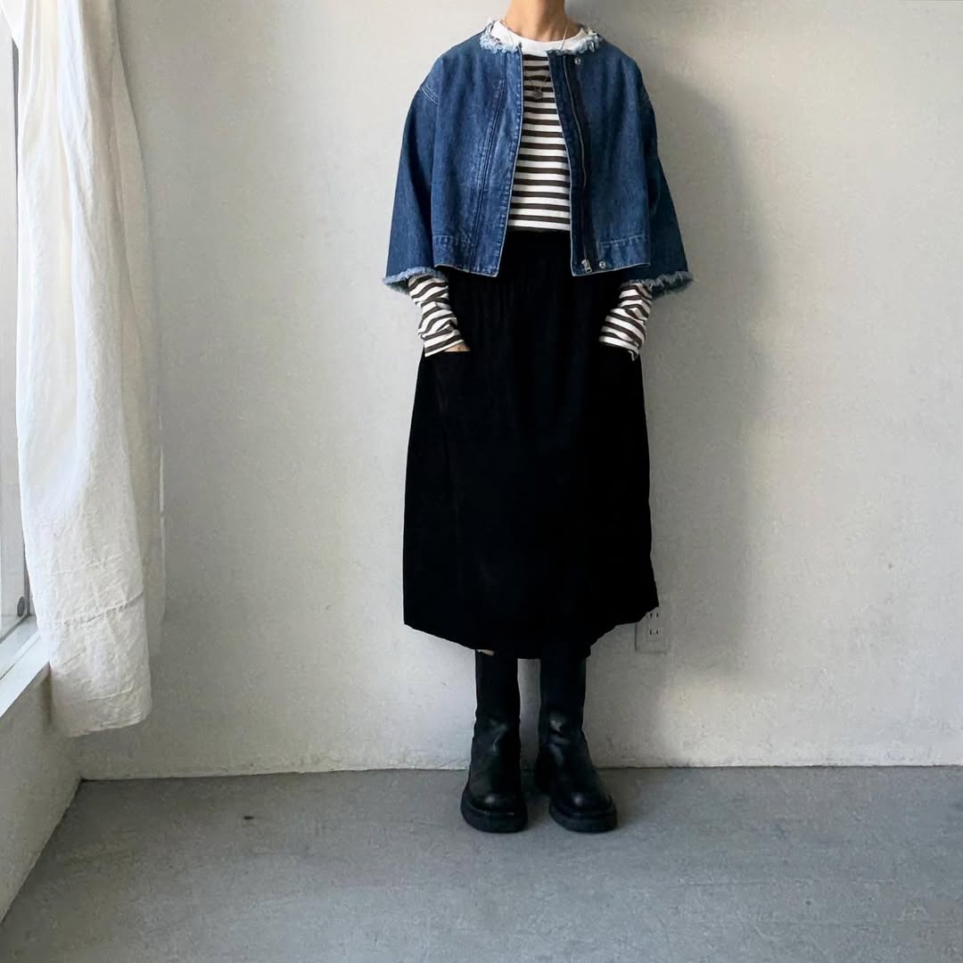 R&D.M.Co 裏起毛ボーダークルーネック長袖Tシャツ　ホワイト×カーキ