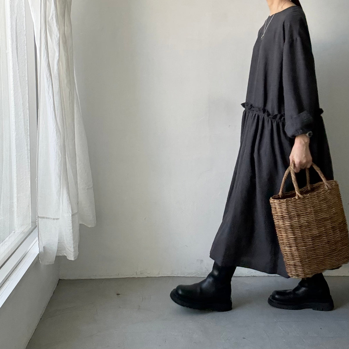 atelier naruse  ウールコットン千鳥チェックカットオフワンピース