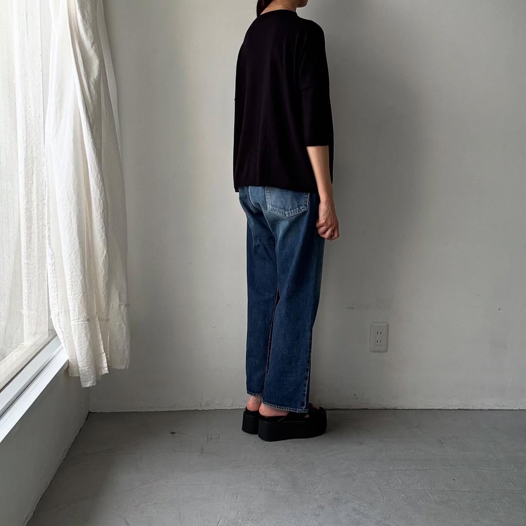 as it is コットンボートネツク５分袖ニット　ブラック