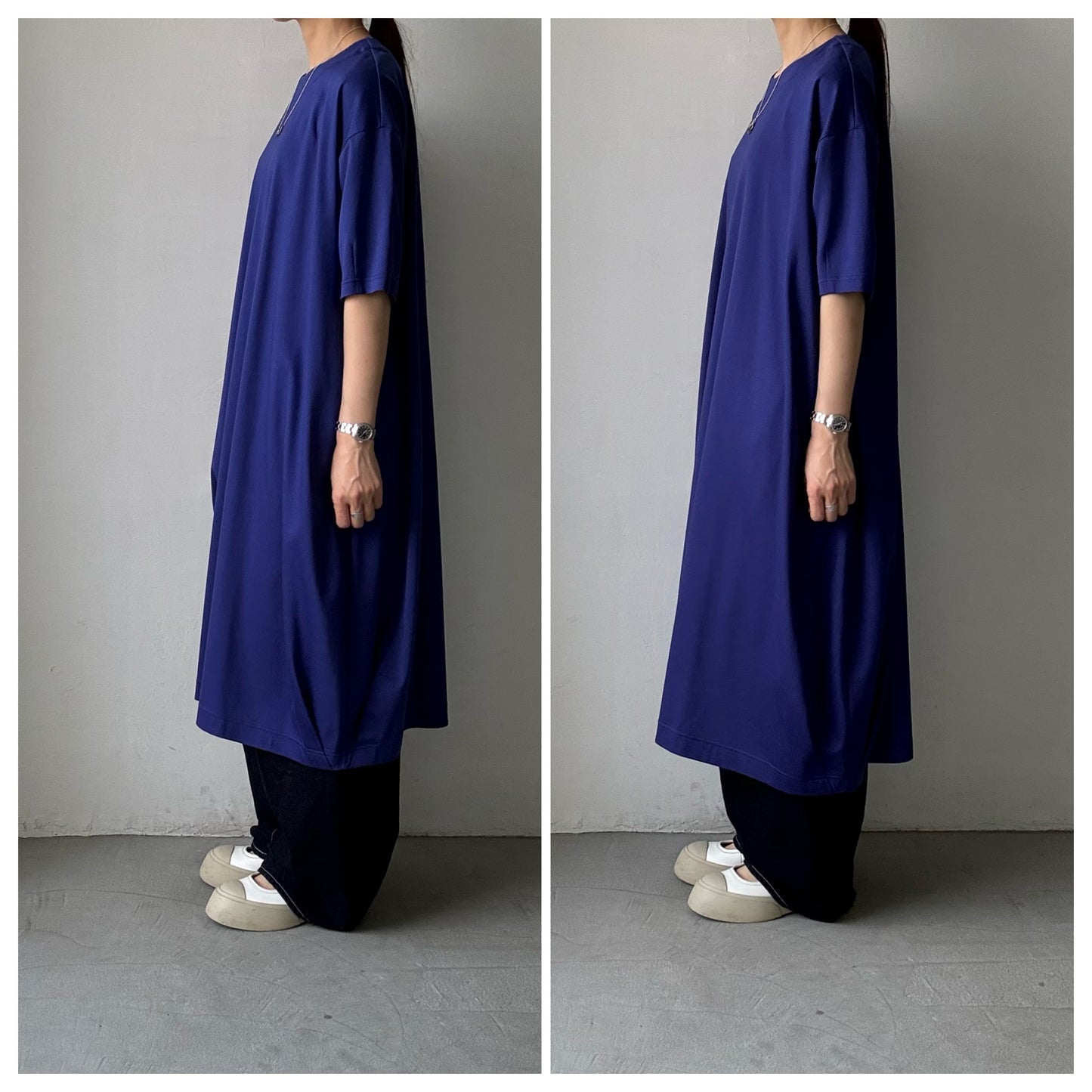 atelier naruse  コットンカットソーコクーンワンピース　ネイビーブルー