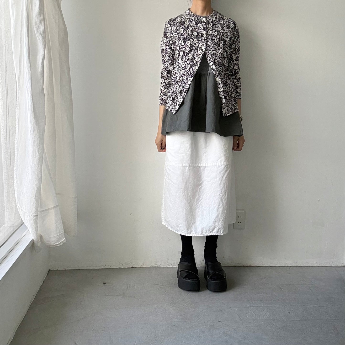 homspun  ワッフルノースリーブプルオーバー　トップグレー×グリーン