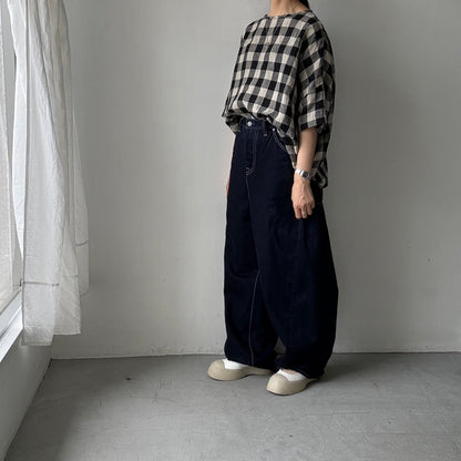 jujudhau ビッグチェックリネンワイドシャツ