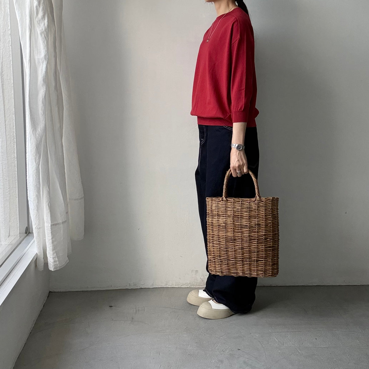 as it is.クルーネック7分袖コットンニット　レッド