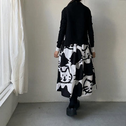ayanoguchiaya　ネコ柄タックワイドスカート(blanc別注)
