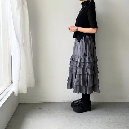 MAGALI コットンシルクブレイドティアードスカート　グレー