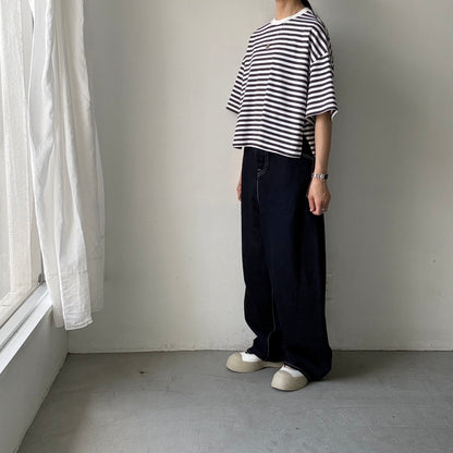 atelier naruse  コットンボーダー半袖カットソー　チャコール