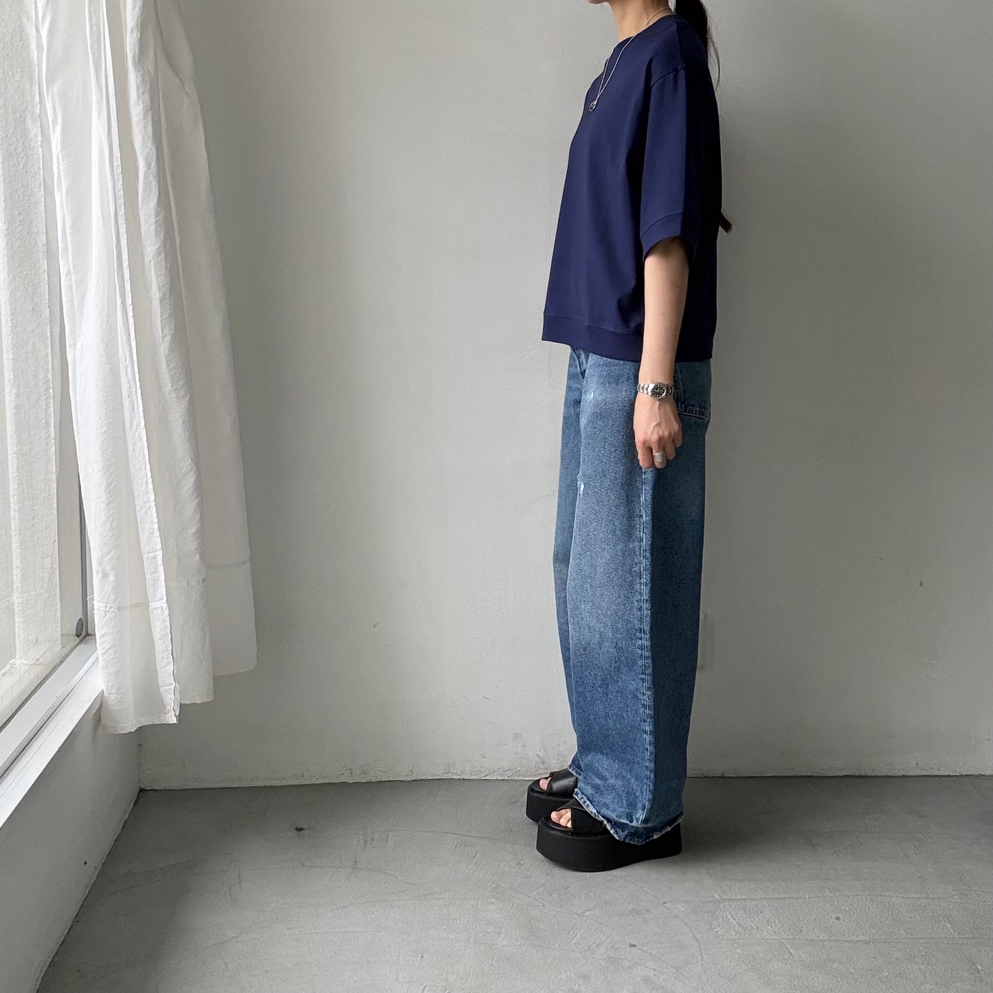 atelier d'antan  Bordet コットンジャージー５分袖プルオーバー　ダークブルー