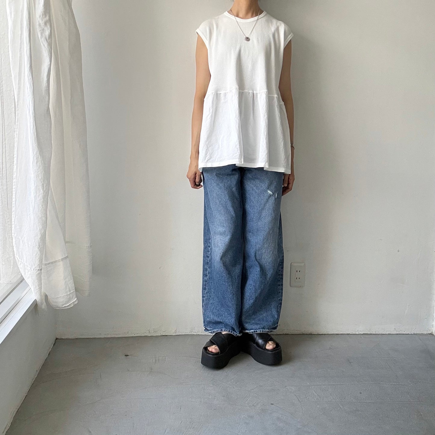 homspun  ワッフルノースリーブプルオーバー　ホワイト×ホワイト